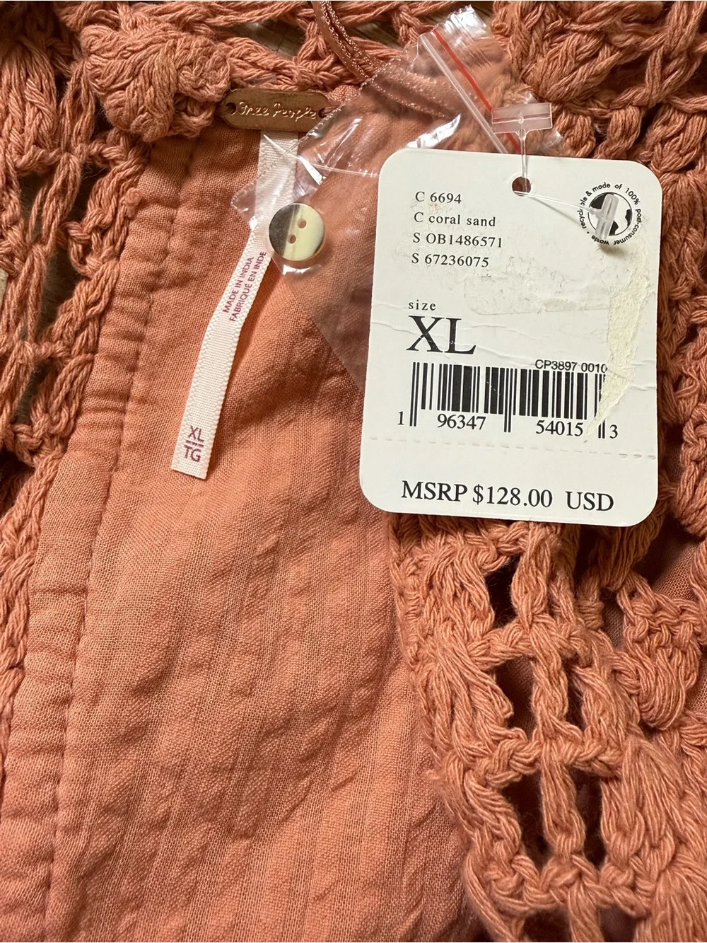 NWT Free People Megan Crochet Peplum Top Coral Sand Boho XL